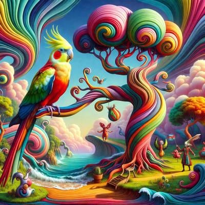 The primary subject of the image is a colorful parrot perched on a tree branch. The setting is a vibrant, whimsical forest filled with various trees and colorful birds. The visual style is a digital art or illustration, showcasing a lively and imaginative scene. The colors and mood are predominantly bright and cheerful, with a sense of playfulness and creativity.